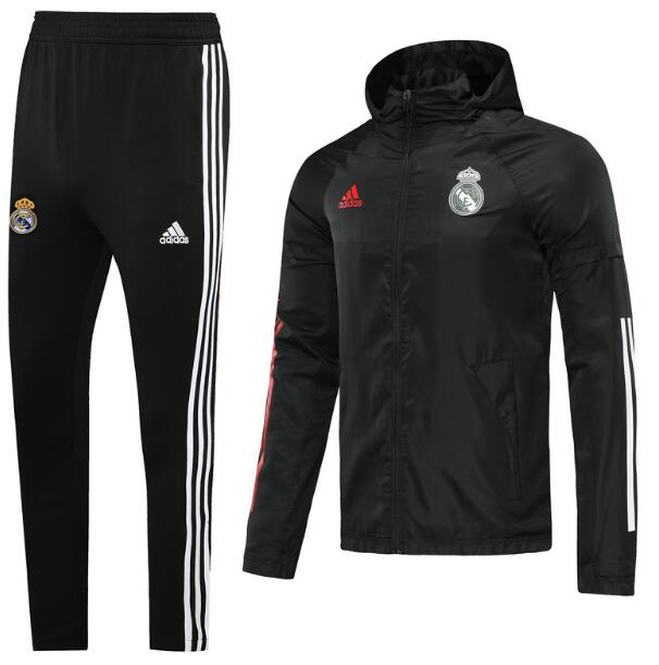 Real Madrid Black Red Hoodie Windbreaker Jacket Kits with Trousers 2020/21